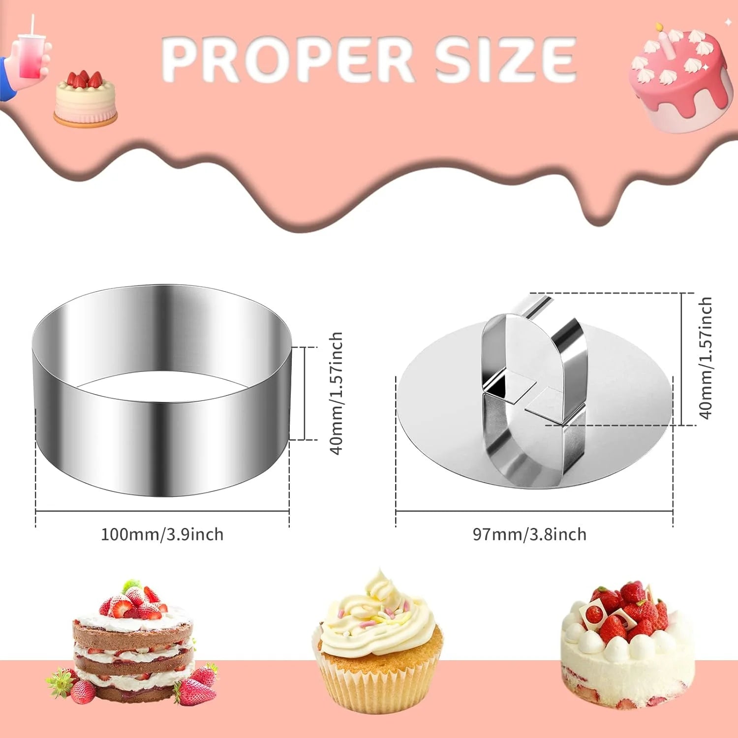 6pcs Stainless Steel Cake Ring Mold Set, 4 Rings, 2 Pusher, Round Q273950