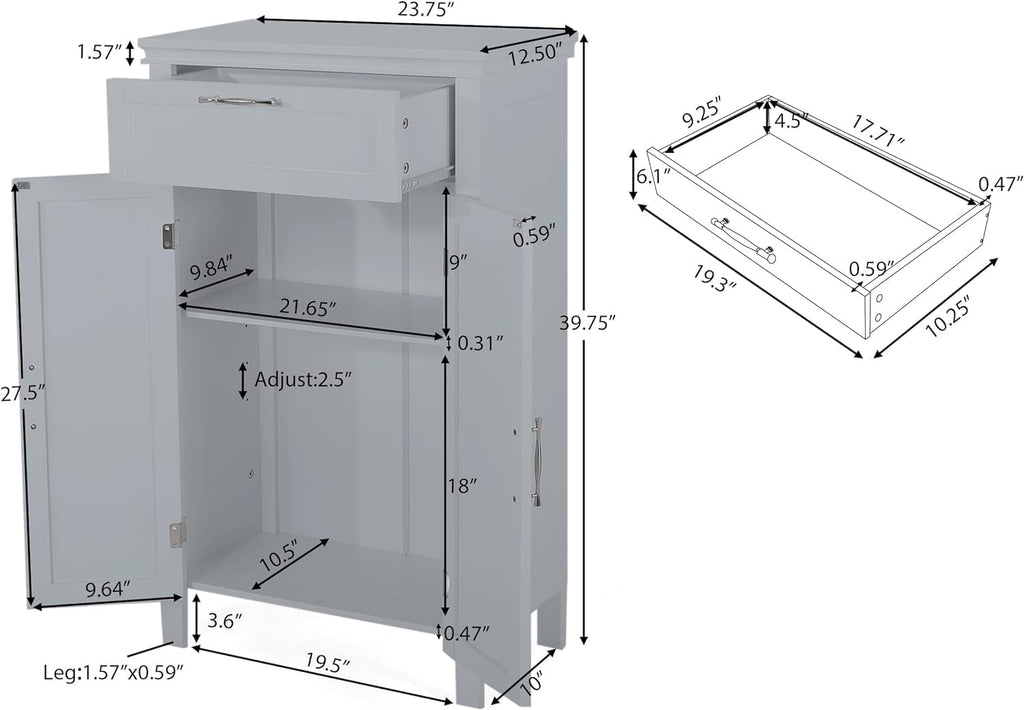 Wooden Bathroom Floor Cabinet with Drawer, Adjustable Shelf, 2-Door Cupboard L43858
