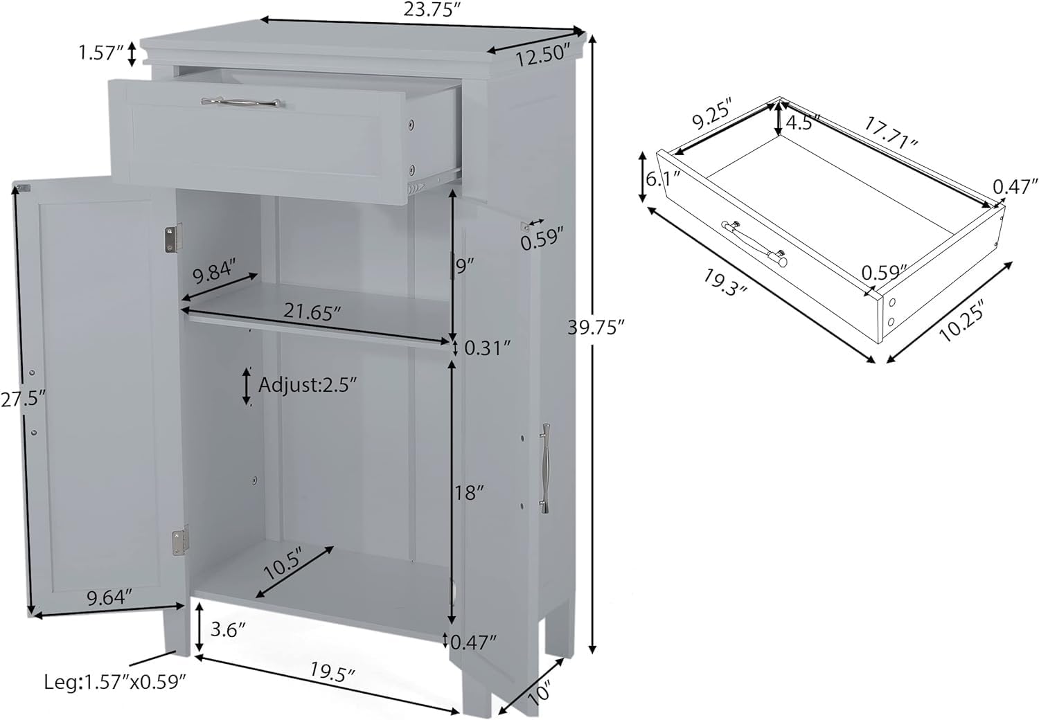 Wooden Bathroom Floor Cabinet with Drawer, Adjustable Shelf, 2-Door Cupboard L43858