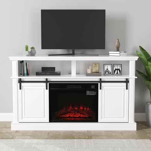 White TV Stand with Electric Fireplace B8079