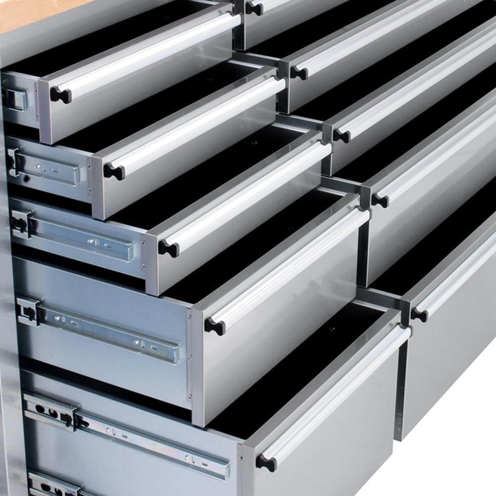 15 Drawer Stainless Steel Rolling Tool Chest with Wheels and Wood Top W441