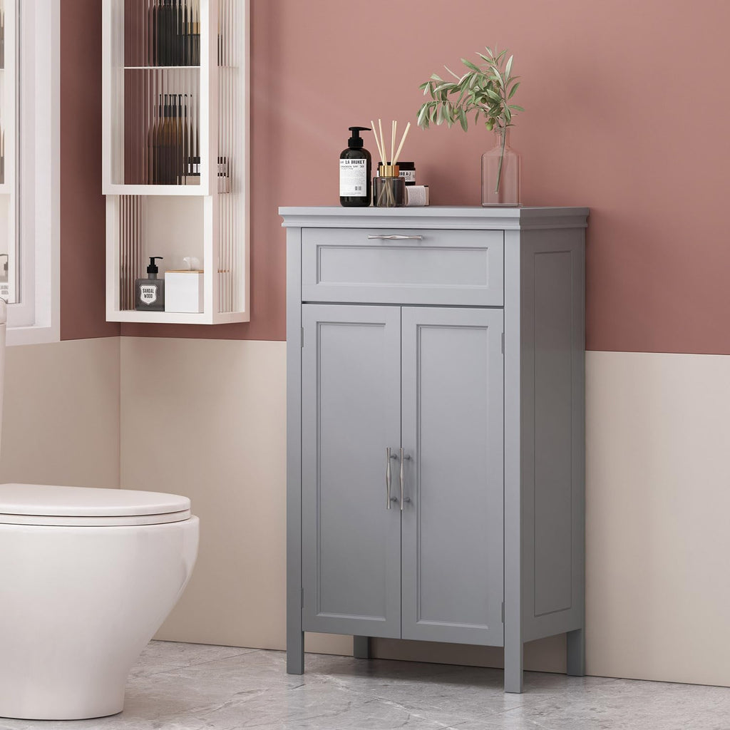 Wooden Bathroom Floor Cabinet with Drawer, Adjustable Shelf, 2-Door Cupboard L43858