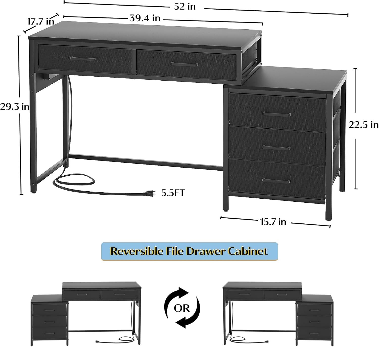 Black Computer Desk with 5 Drawers and Power Outlets I7572