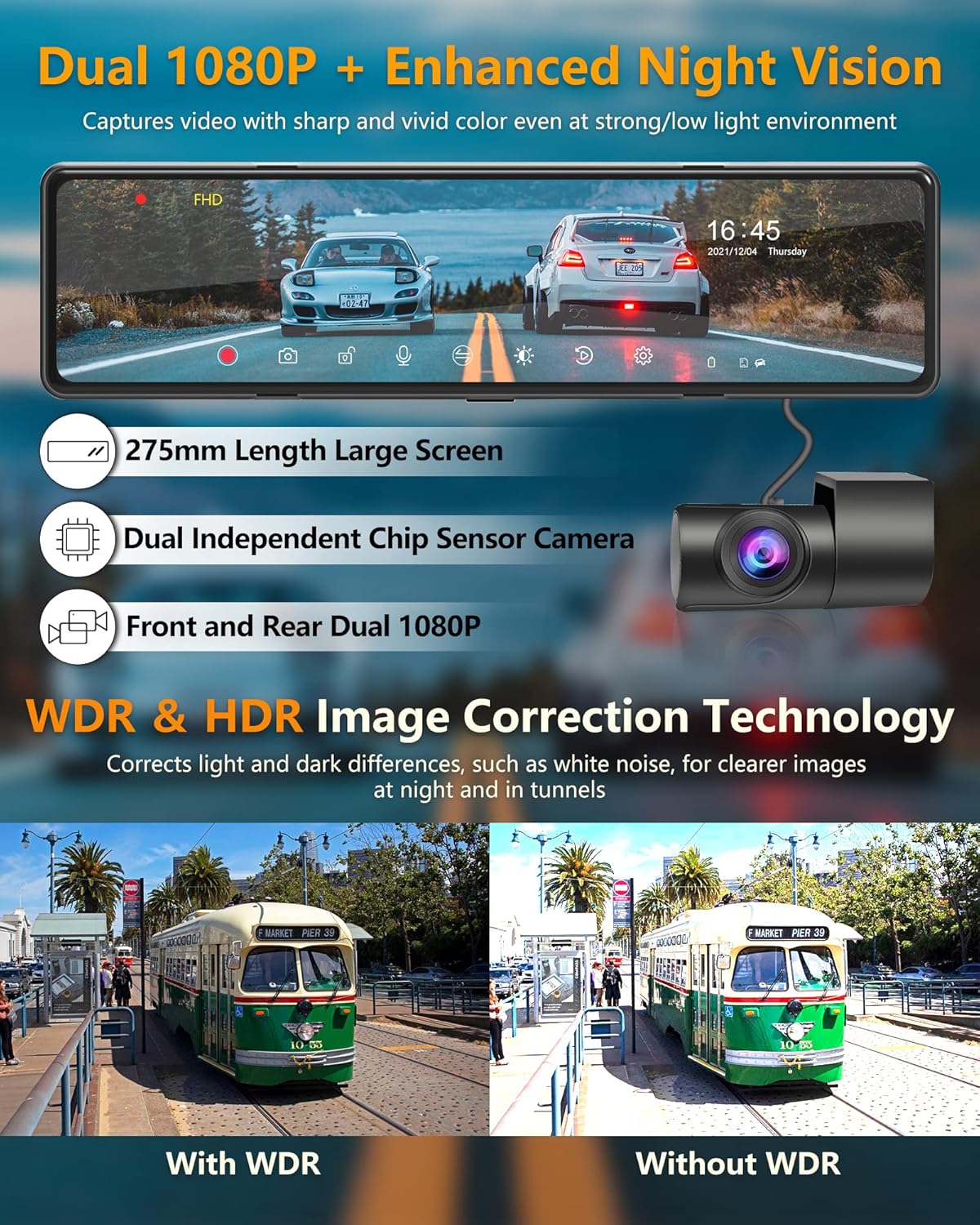 Mirror Dash Cam with Detached Front Camera 11 Rear View Mirror Camera Front and Rear FHD 1080P Waterproof Backup Camera Full Touch Screen with Night Vision V3466