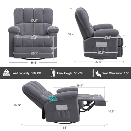 Oversized Chenille Swivel Rocker Recliner Chair, Grey C834326