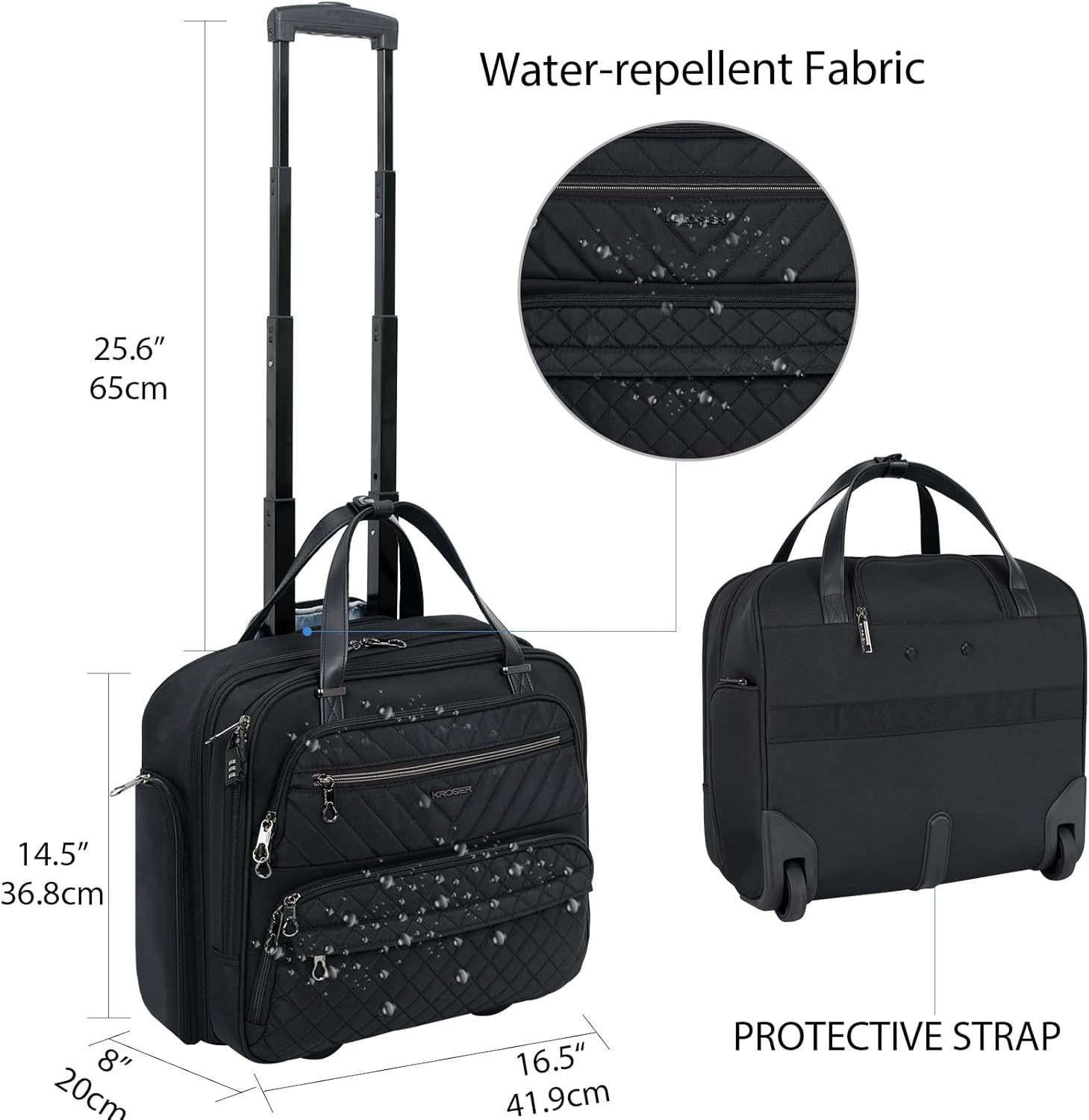 Black 15.6 inch Quilted Rolling Laptop Bag O670