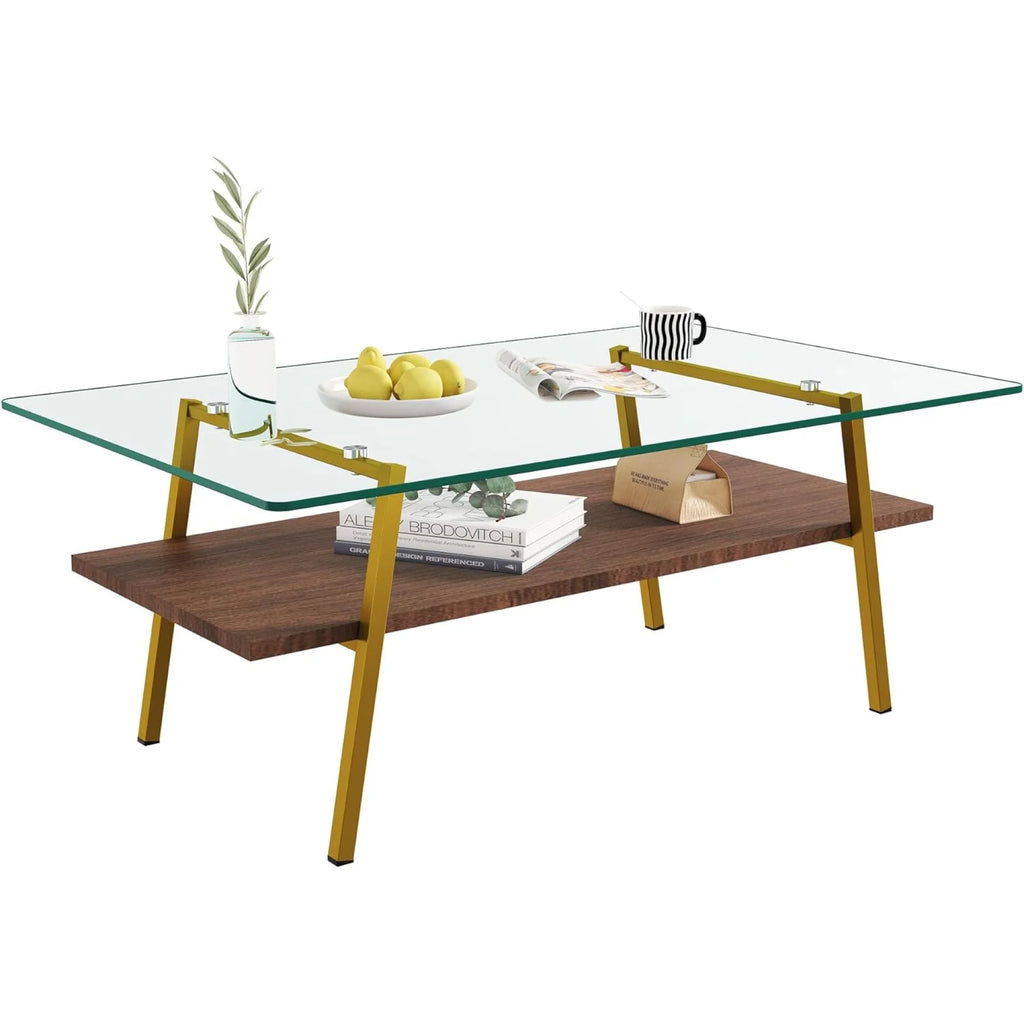 Black Frame Transparent Glass Brown Wood Coffee Table U560