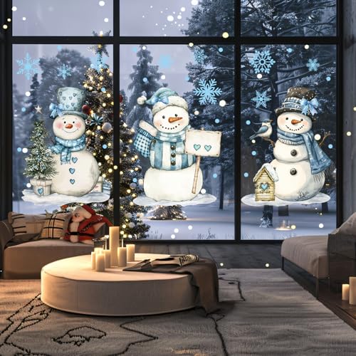13.8 x 35.4'' Extra Large Christmas Window Clings 3 Sheets Blue Snowman Snowflake Window Stickers Double Sided Glass Decals Q2166