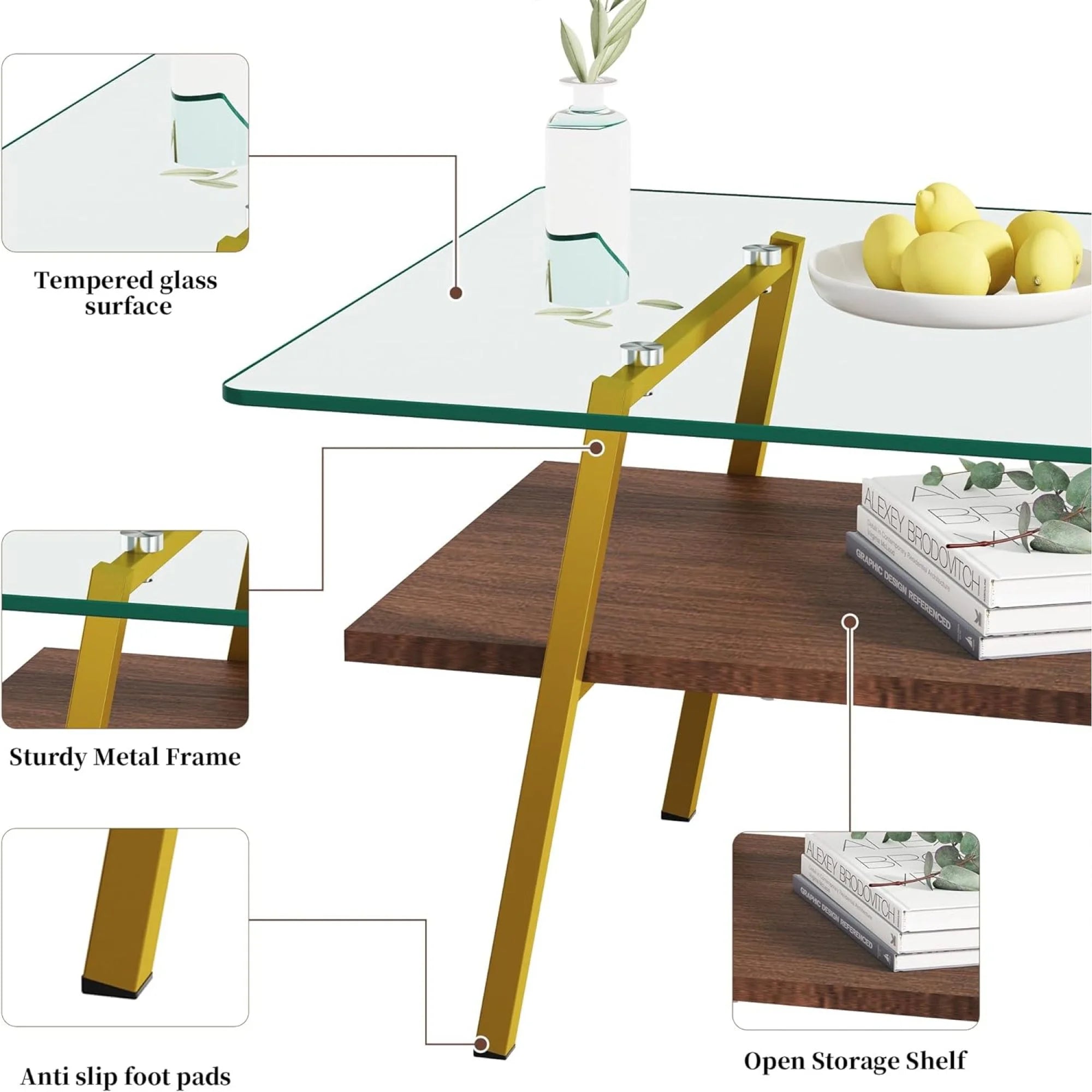 Black Frame Transparent Glass Brown Wood Coffee Table U560