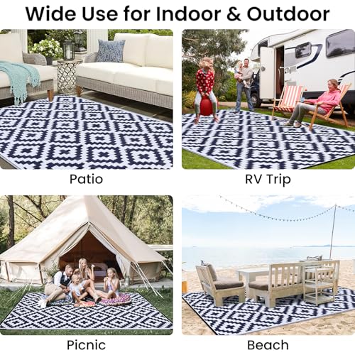 Black & Beige 5x8 ft Reversible Plastic Straw Outdoor Rug U1218