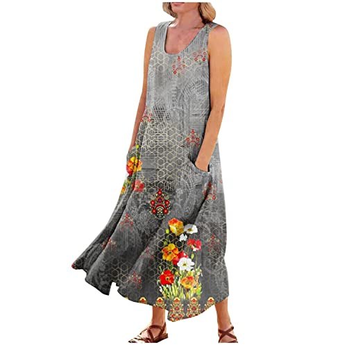 Sleeveless Cotton Linen Sundress Long Dress with Pockets O560