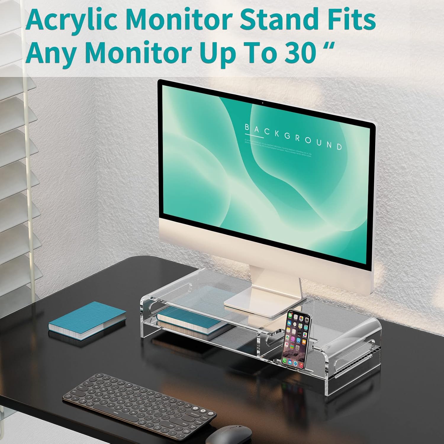 20-inch Clear Acrylic Monitor Stand Riser with Keyboard Storage and Phone Holder A144332