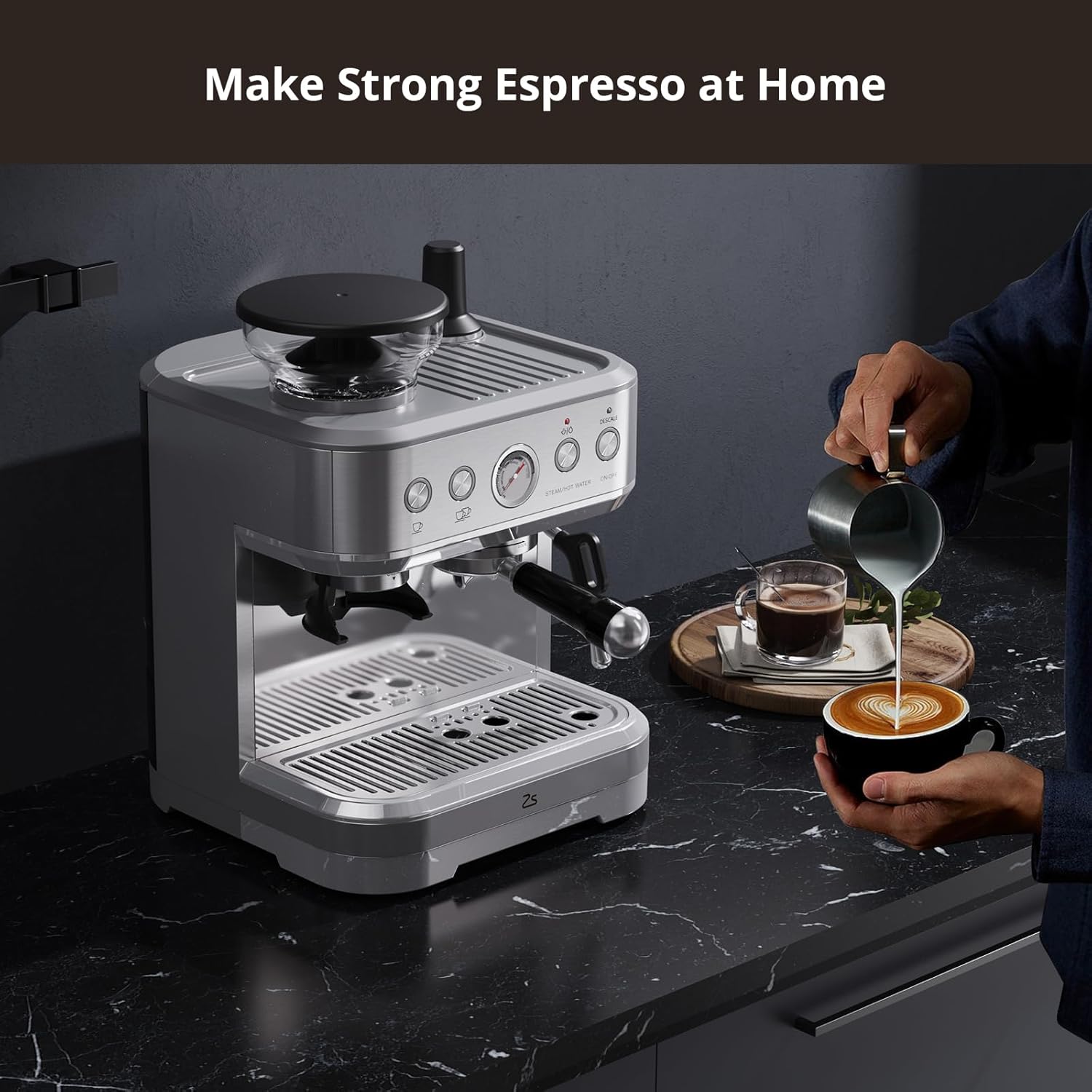 Espresso Machine with Milk Frother, Built-In Bean Grinder, 85oz Removable Water Tank P594220