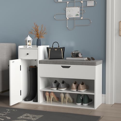 2-Tier Shoe Storage Bench with Sliding Barn Door Storage Cabinets & Removable Seat Cushion S223