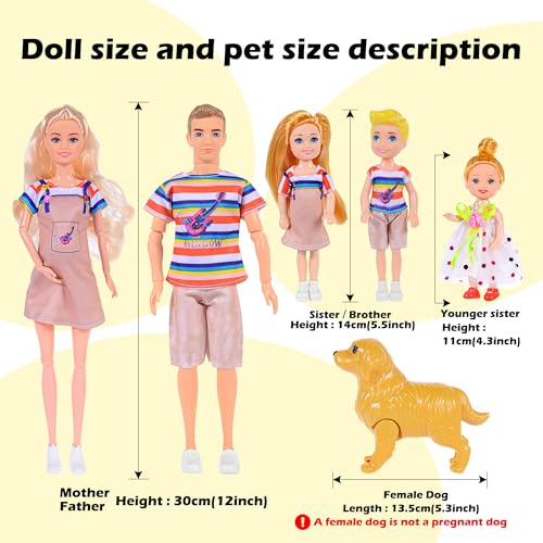 6 People Dollhouse Dolls Playset with Pets and Accessories B234