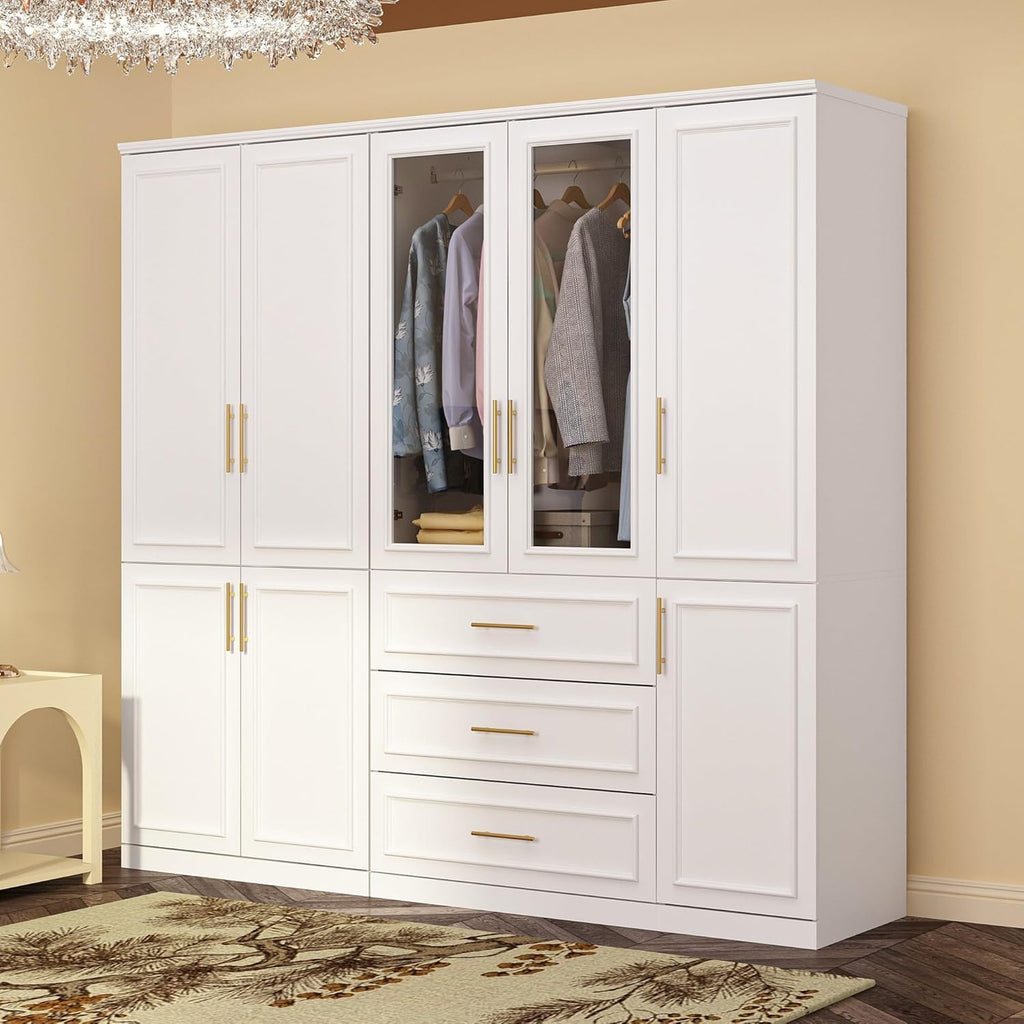 White 8 Door Wooden Wardrobe Armoire with Drawers and Hanging Rods W479