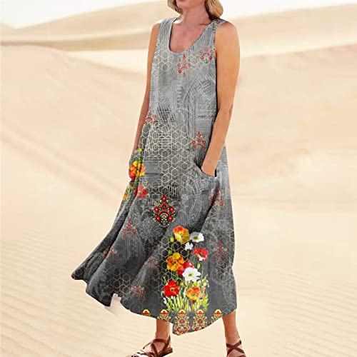 Sleeveless Cotton Linen Sundress Long Dress with Pockets O560