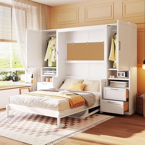 Full White Wood Murphy Bed with Desk and Storage W6851