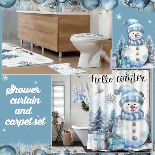 7 Pcs Christmas Shower Curtain Set Non Slip Waterproof Bathroom Accessories L914