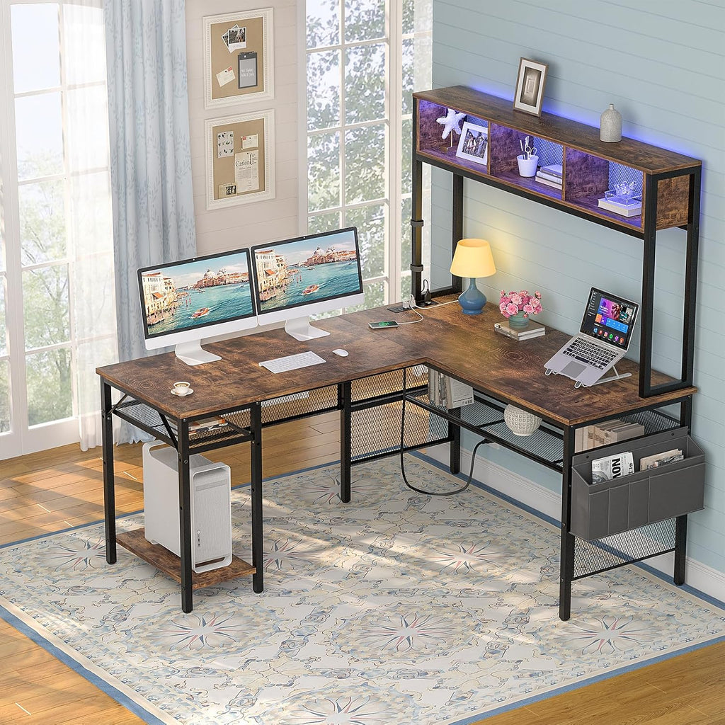 55 Inch L Shaped Gaming Desk with LED Lights & Power Outlets, Rustic Brown U62040