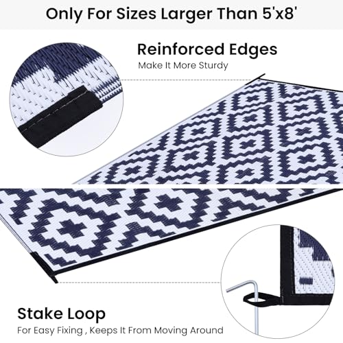Black & Beige 5x8 ft Reversible Plastic Straw Outdoor Rug U1218