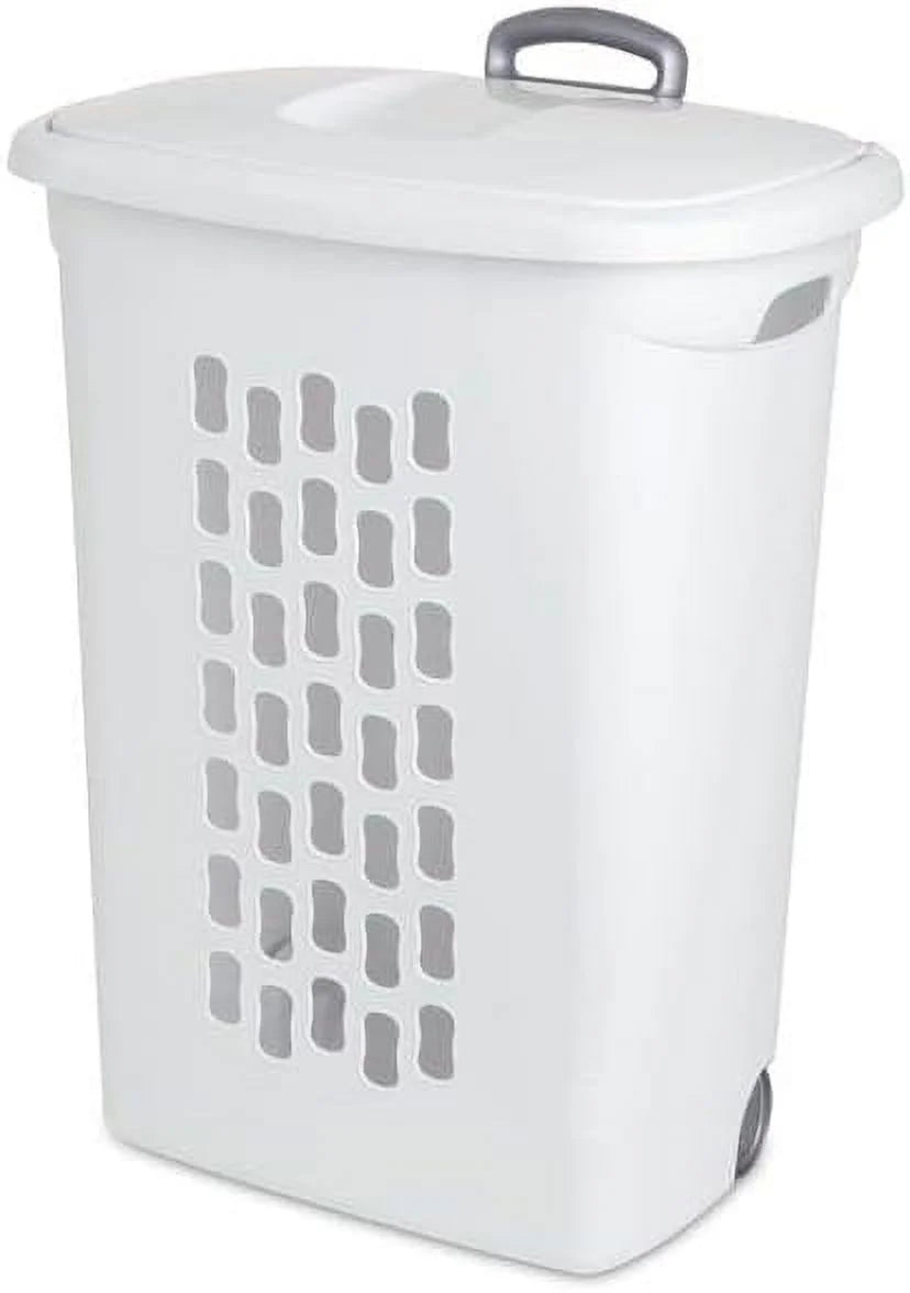 White Wheeled Laundry Hamper with Retractable Handle and Lid Z16409