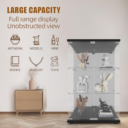 Black 4-Shelf 3 Doors Tempered Glass Display Cabinet Q819