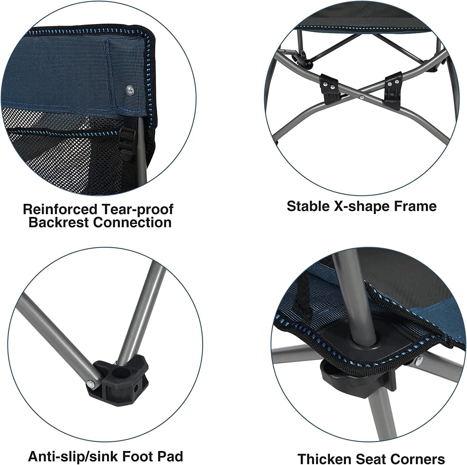 Low Beach Chair with Adjustable Backrest and Cup Holder, Navy F7552