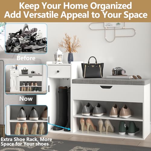 2-Tier Shoe Storage Bench with Sliding Barn Door Storage Cabinets & Removable Seat Cushion S223