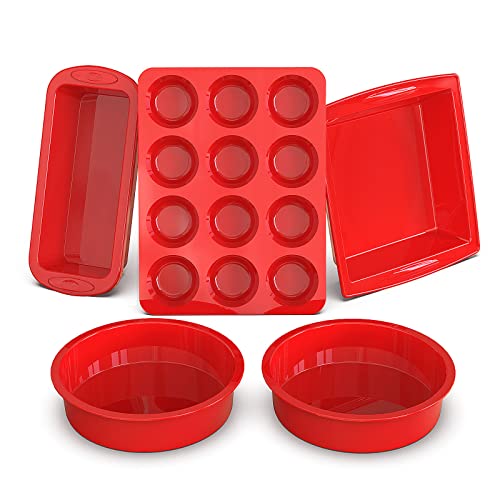 5-Piece Nonstick Silicone Bakeware Set with Bread Loaf Pan, Muffin Pan, Square Cake Pan, Round Cake Pan N75084