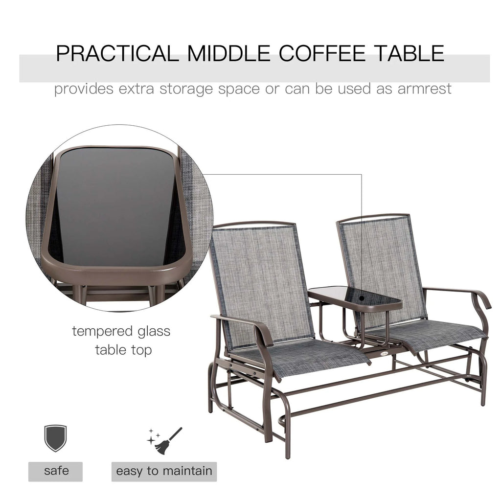 Gray Metal Frame Outdoor Glider Bench with Center Table H228018