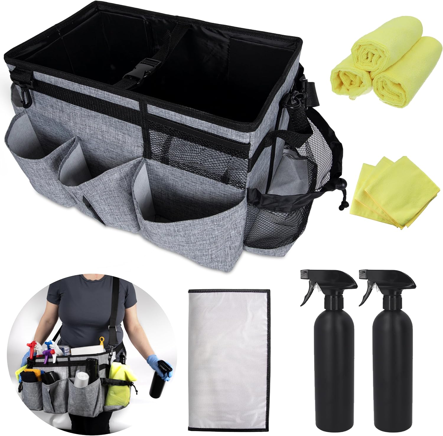 Large Cleaning Caddy with Handles and Strap, 3 Microfiber Cloths and 2 Spray Bottles G121603