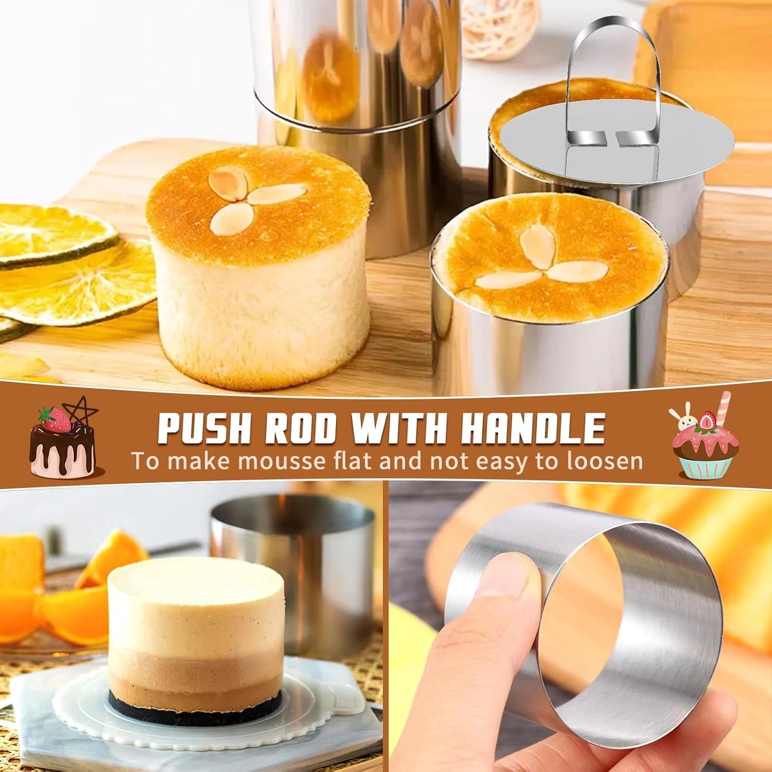6pcs Stainless Steel Cake Ring Mold Set, 4 Rings, 2 Pusher, Round Q273950