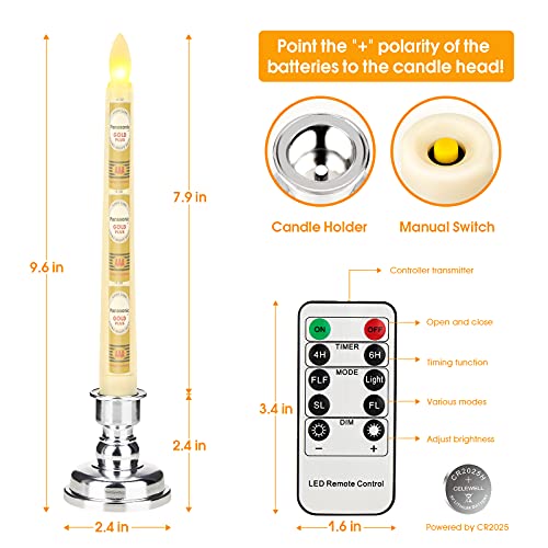 9 Packs White Gold LED Flameless Flickering Taper Candles with Remote Timer O688