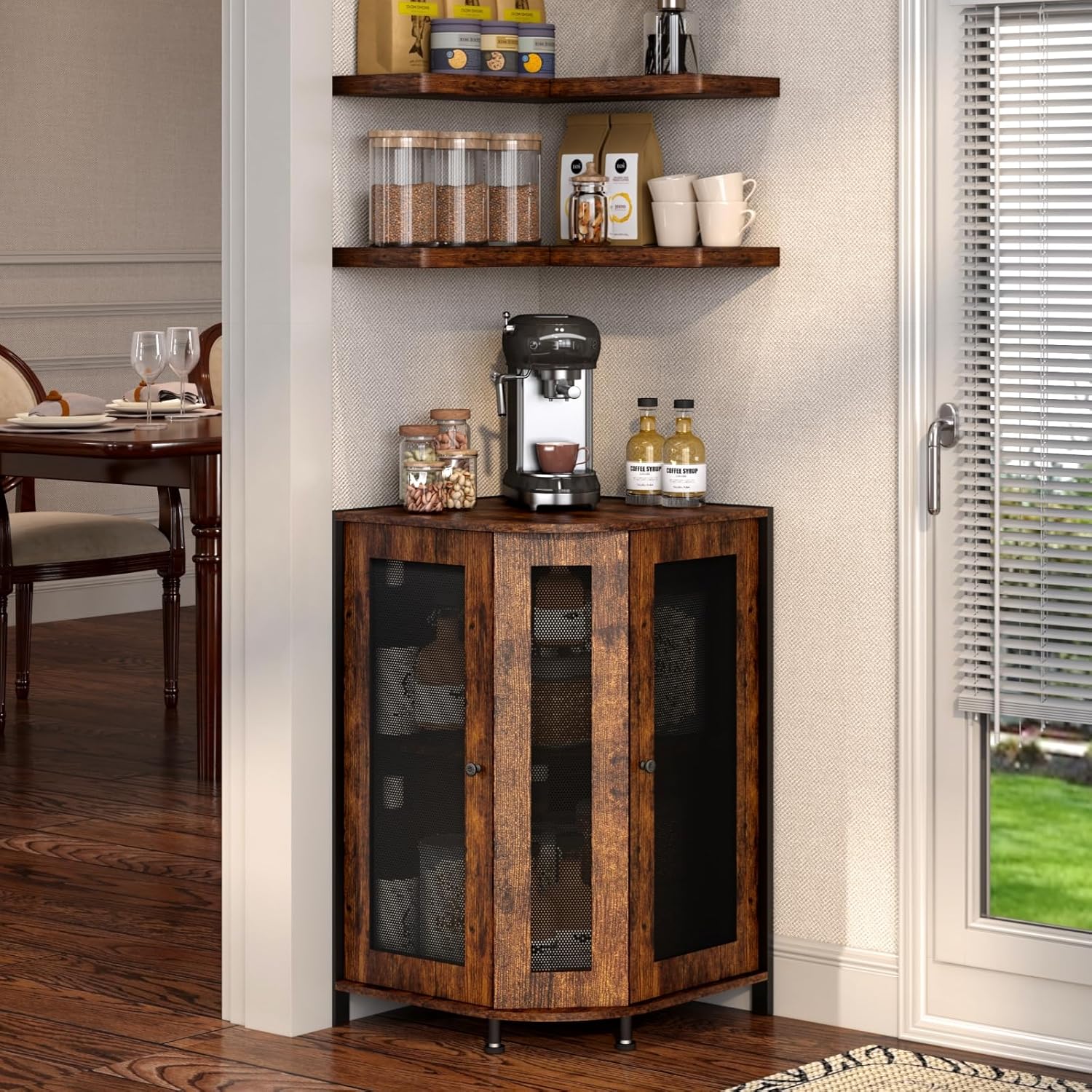 3-Tier Rustic Wood Coffee Bar Cabinet with Storage Shelf G68688