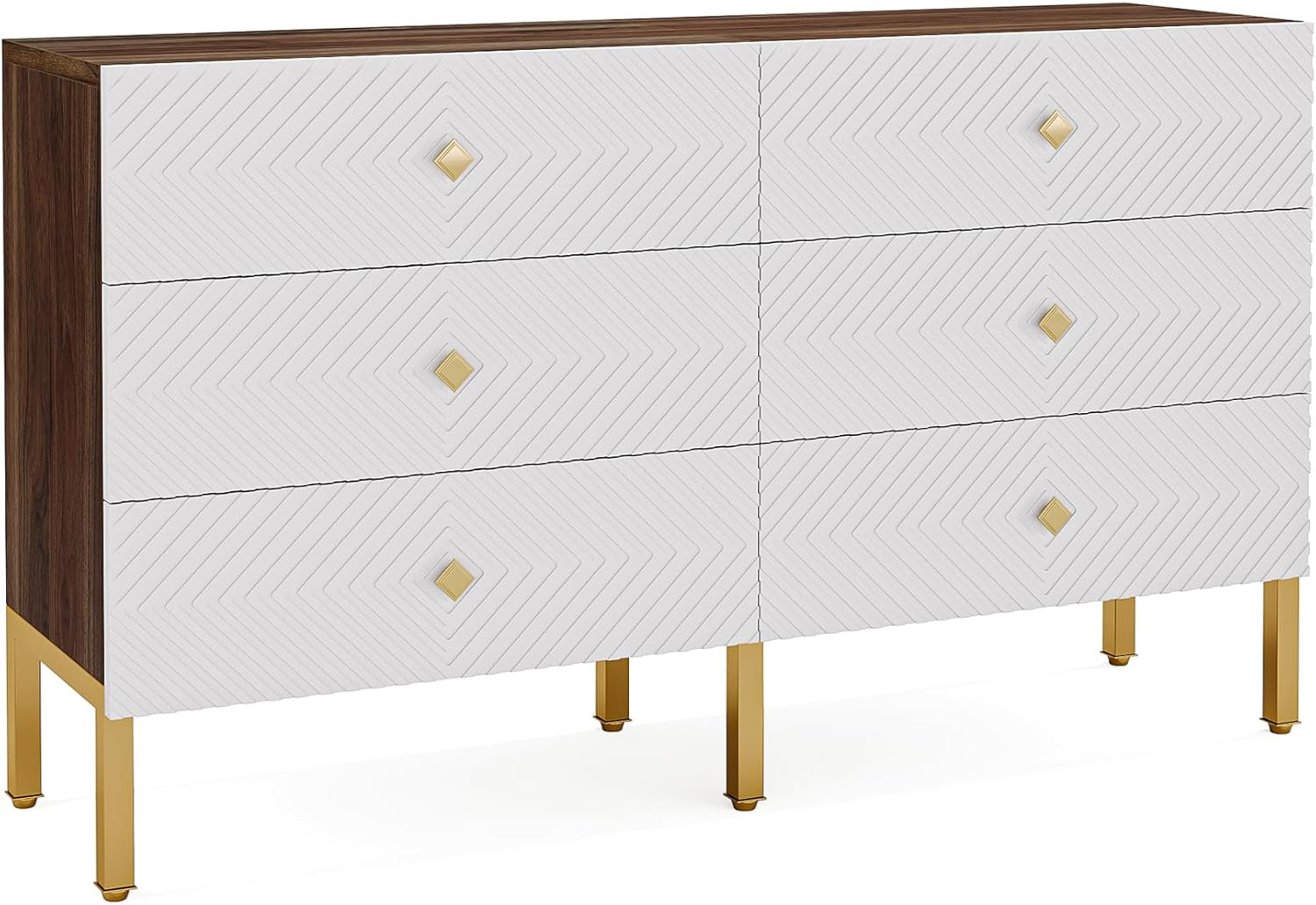 6-Drawer Double Wide Wood Dresser with Gold Legs and Handles, White & Brown K816551