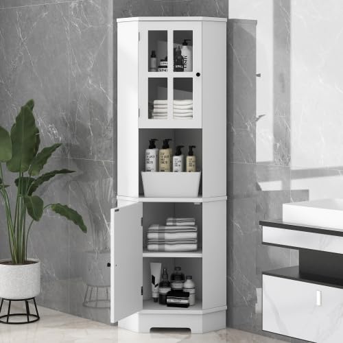 White Tall Corner Cabinet with Adjustable Shelves and Doors F123789