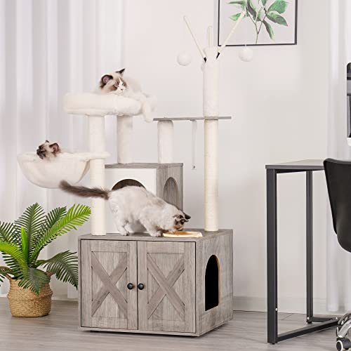Rustic Brown Cat Tree with Litter Box Enclosure R715
