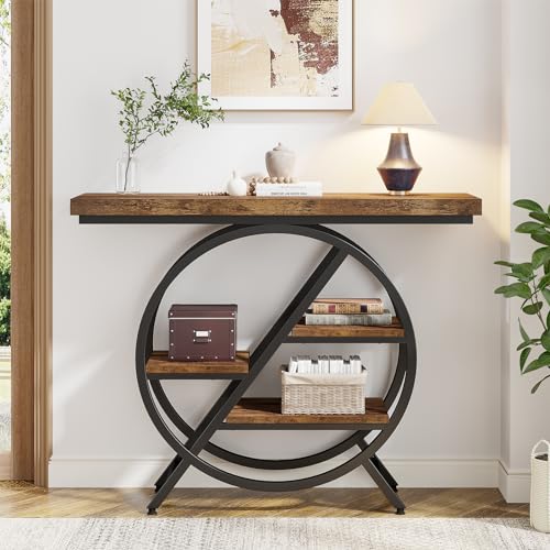 39.4-Inch Rustic Brown Console Table with 4-Tier Geometric Metal Frame Q749883
