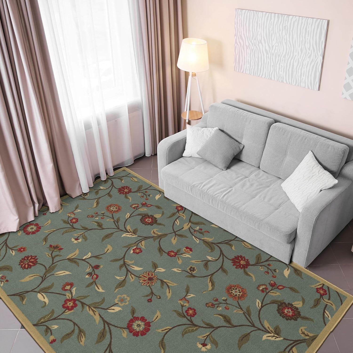 5x7 Seafoam Green Non-Slip Rubberback Traditional Area Rug M10034