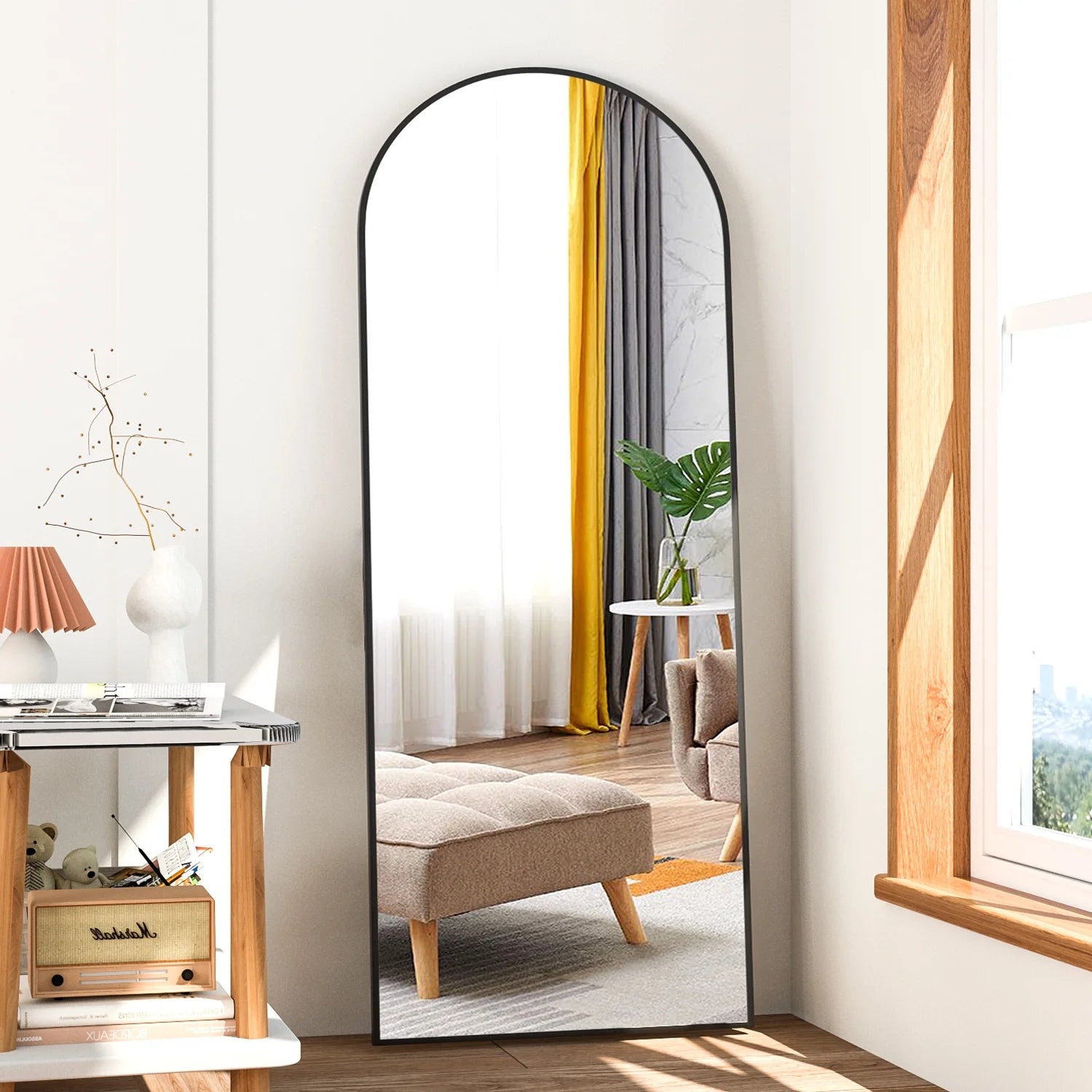 64" x 21" Black Arched Floor Mirror Y61026