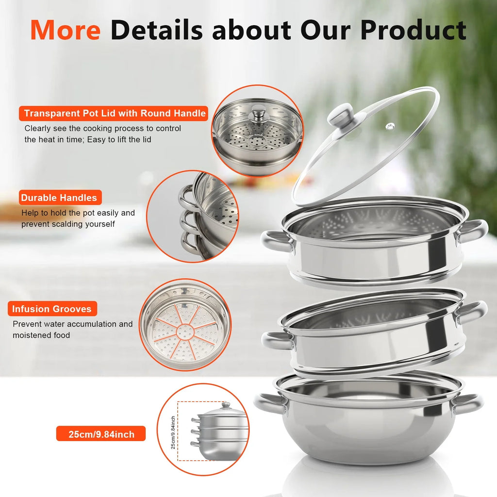 3 Tiers Stainless Steel Steaming Pot with Glass Lid T133784