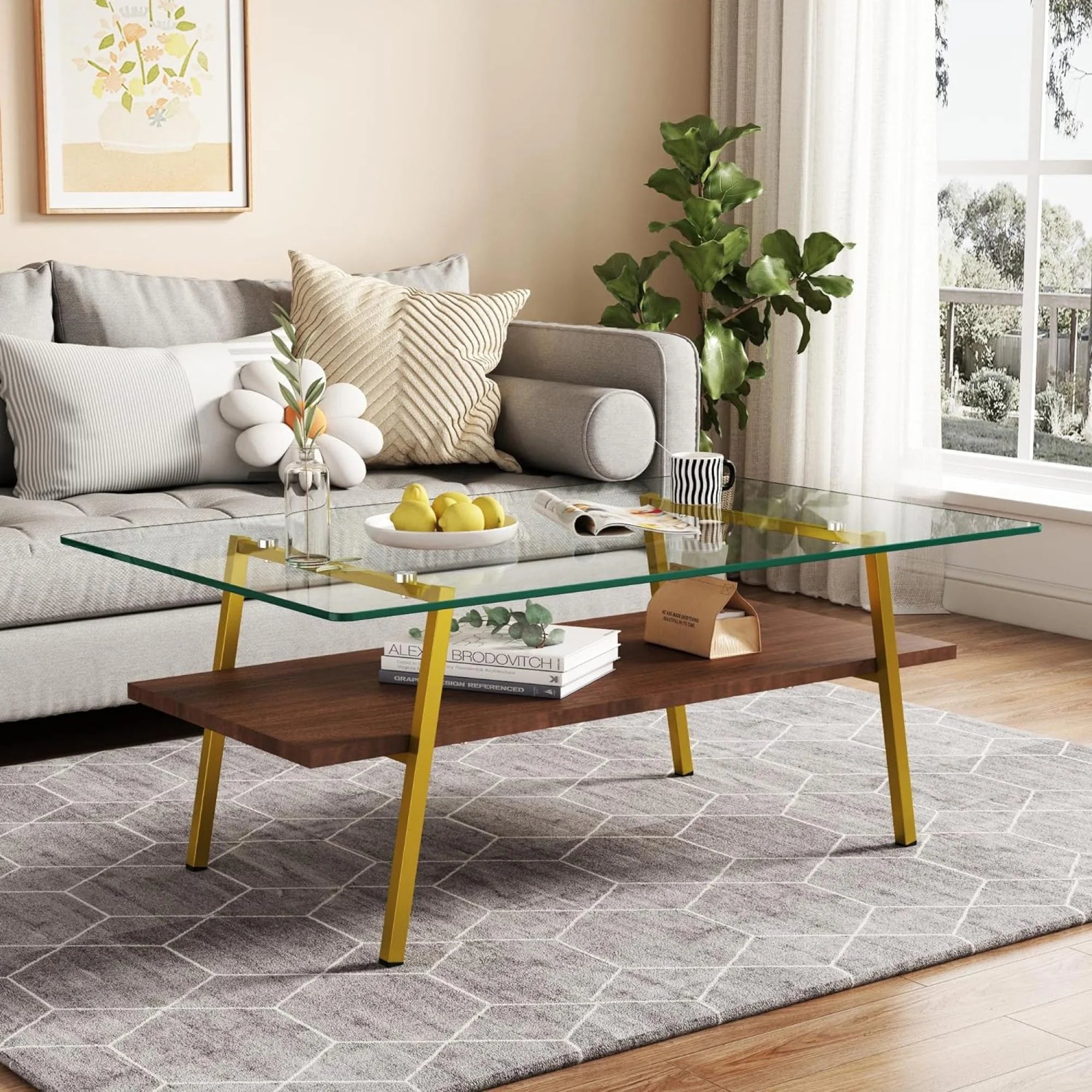 Black Frame Transparent Glass Brown Wood Coffee Table U560