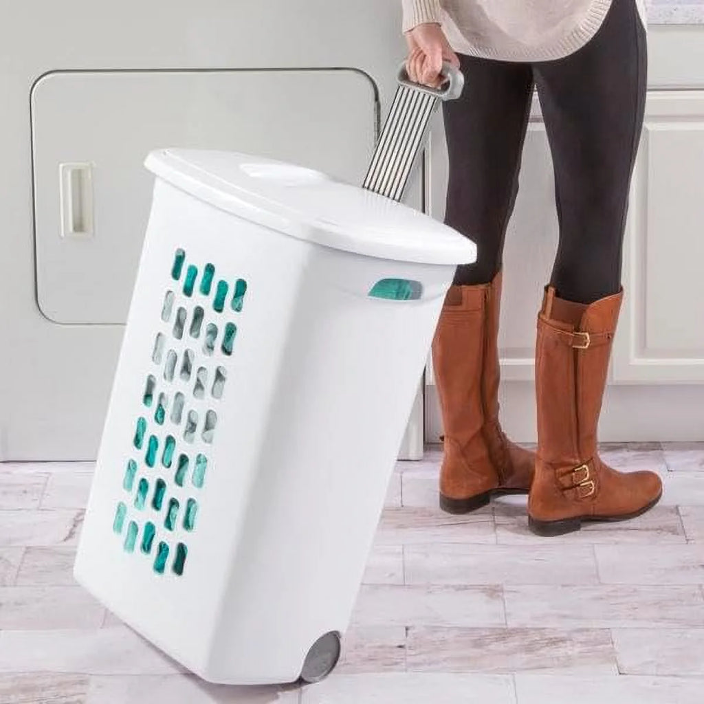 White Wheeled Laundry Hamper with Retractable Handle and Lid Z16409