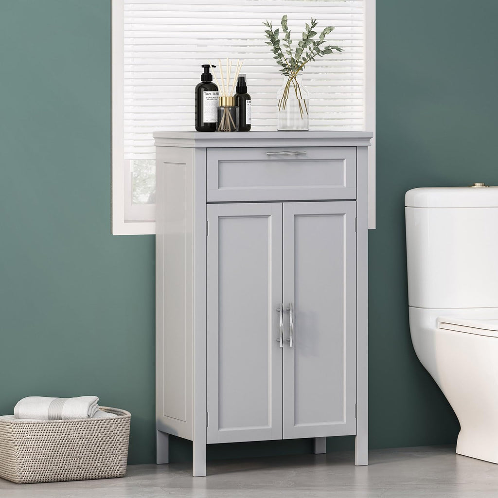 Wooden Bathroom Floor Cabinet with Drawer, Adjustable Shelf, 2-Door Cupboard L43858