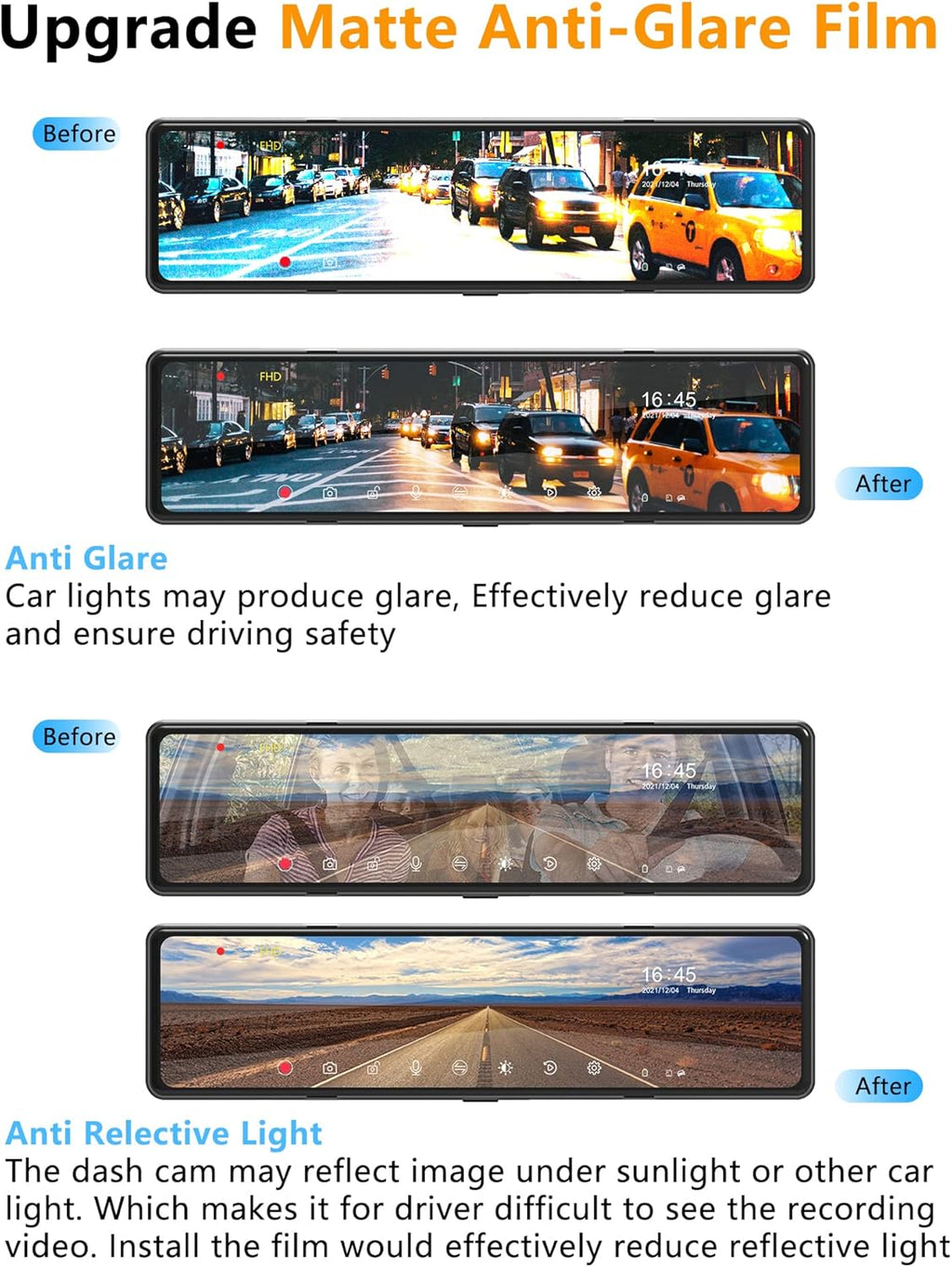 Mirror Dash Cam with Detached Front Camera 11 Rear View Mirror Camera Front and Rear FHD 1080P Waterproof Backup Camera Full Touch Screen with Night Vision V3466