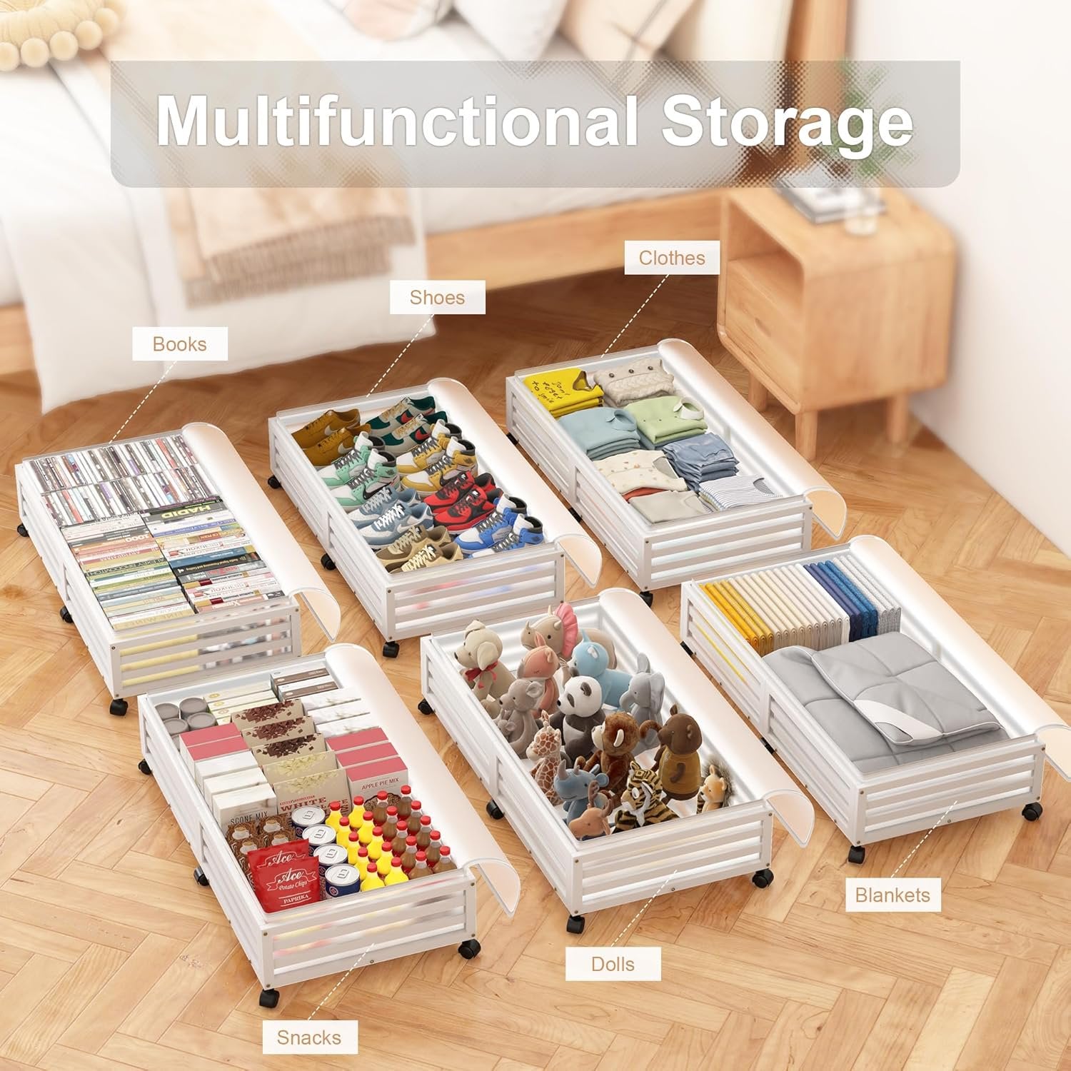 2 Pcs White Bamboo Wood Rolling Storage Bins With Wheels W61393