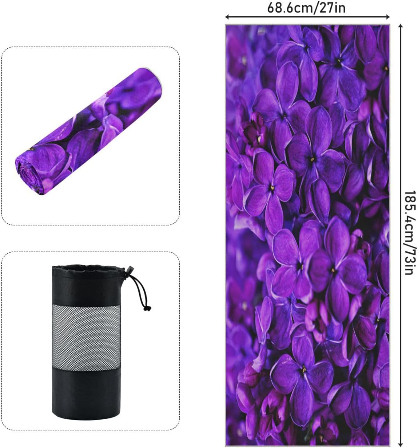 Lilac Purple Floral Non Slip Yoga Towel 73x 27 Inch with Storage Bag T9382