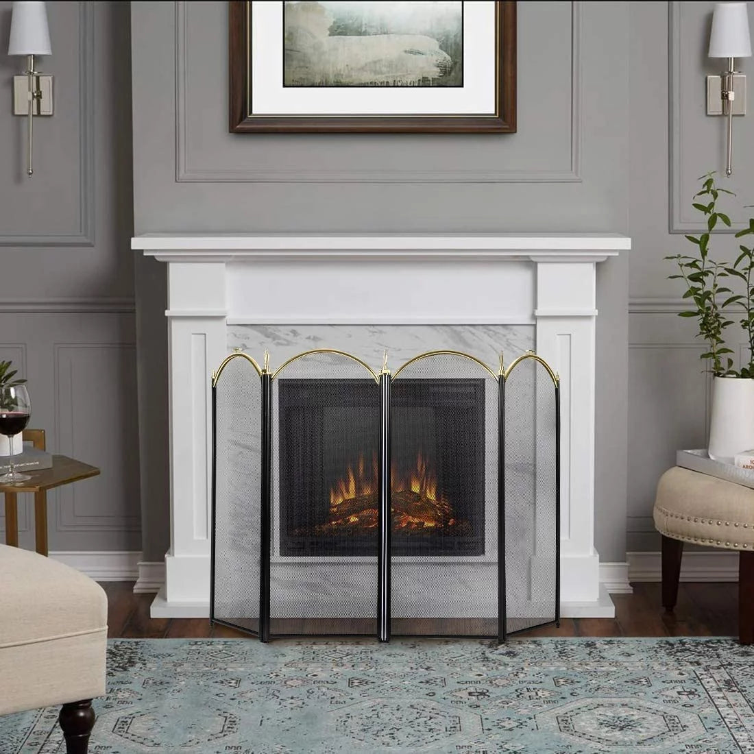 4 Panel 51.5 x 32 Inch Wrought Iron Black Fireplace Screen Mesh P55048