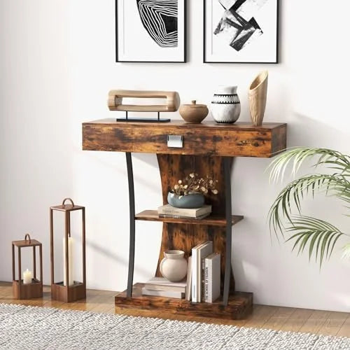 Rustic Brown 3-Tier Console Table with Drawer and Shelves C6612